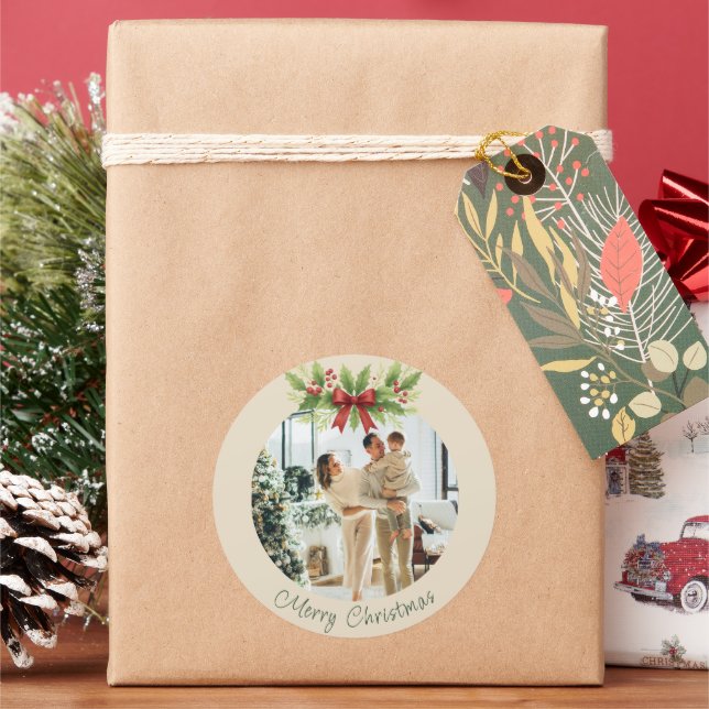 Pegatina Redonda Elegante Navidad con Acebo y Lazo Rojo -  (Vacaciones)