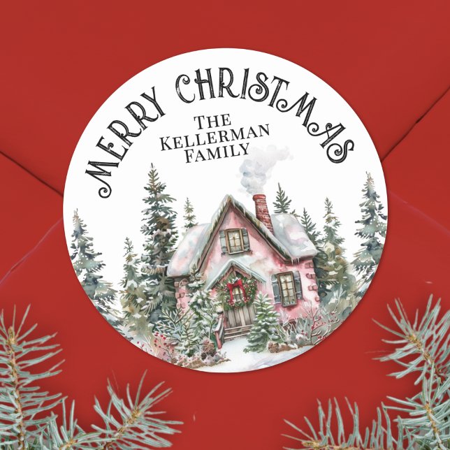 Pegatina Redonda Elegante Navidad Invernal Festiva (Festive Winter Merry Christmas Classic Round Sticker)