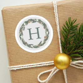 Pegatina Redonda Elegante Navidades de monograma gris verde Wreath