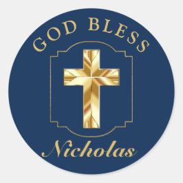 Pegatina Redonda Elegante Navy Blue Gold Boys Confirmación DIOS BEN