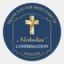 Pegatina Redonda Elegante Navy Blue Gold Boys Confirmación Gracias