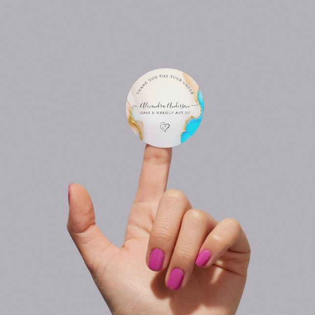 Pegatina Redonda Elegante negocio de Agate azul y blanco Gracias (Elegant Blue and White Agate Business Thank you Classic Round Sticker)