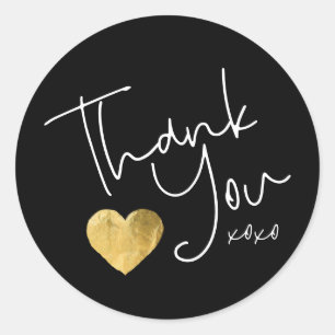 Pegatina Redonda Elegante Negro Gracias Oro Corazón Mano Escrito