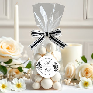 Pegatina Redonda Elegante negro, rama blanca e iniciales de boda