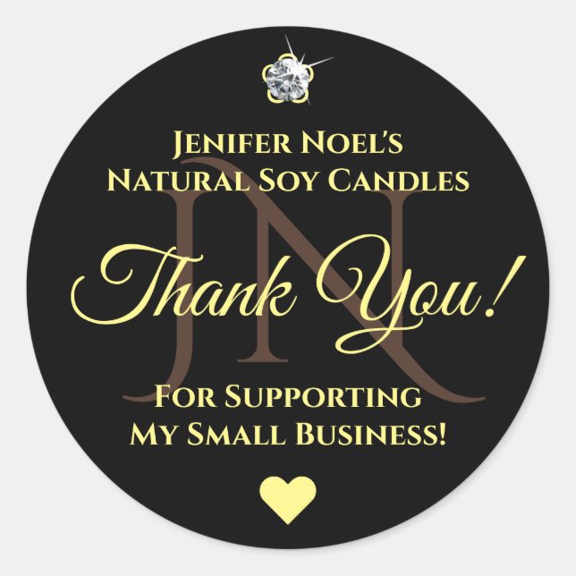 Pegatina Redonda Elegante negro y amarillo gracias Glam Diamante de (Anverso)