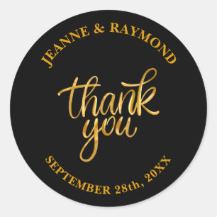 Pegatina Redonda Elegante Negro Y Boda De Oro Gracias Por Favor