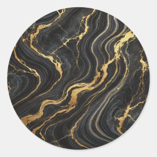 Pegatina Redonda Elegante negro y dorado con apariencia de mármol g