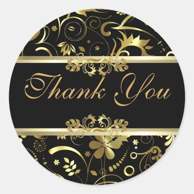 Pegatina Redonda Elegante negro y Relieve metalizado dorado parecen (Anverso)