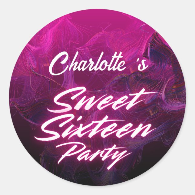 Pegatina Redonda Elegante neón negro rosado dulce retro 16 cumpleañ (Anverso)