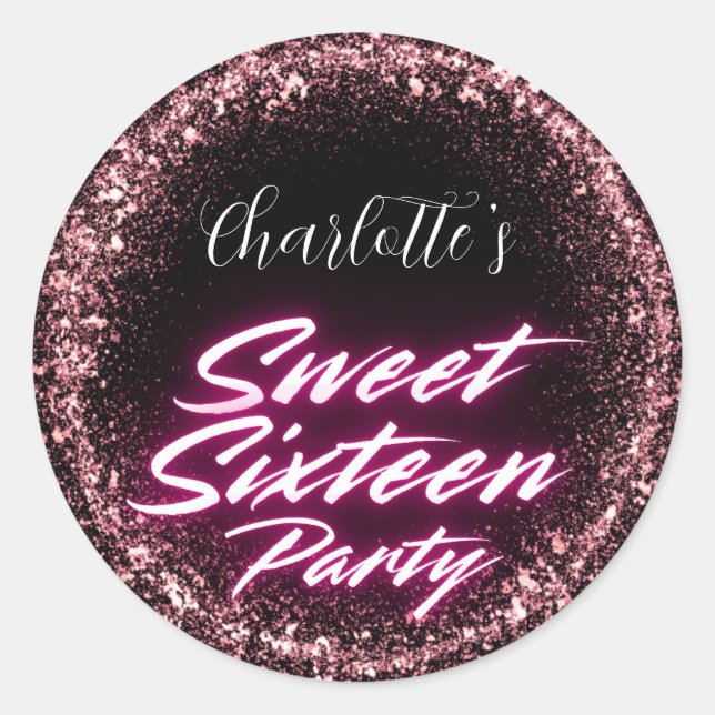 Pegatina Redonda Elegante neón negro rosado dulce retro 16 cumpleañ (Anverso)
