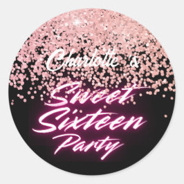 Pegatina Redonda Elegante neón negro rosado dulce retro 16 cumpleañ