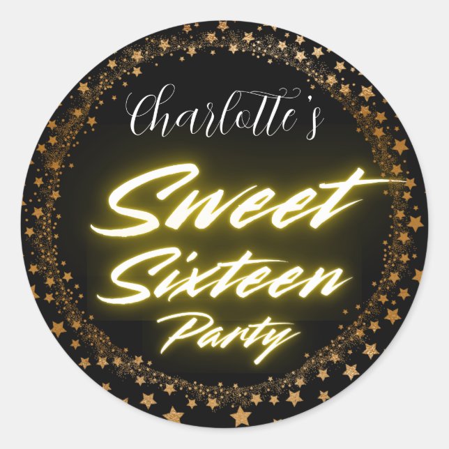 Pegatina Redonda Elegante neón oro Negro Retro Sweet 16º cumpleaños (Anverso)