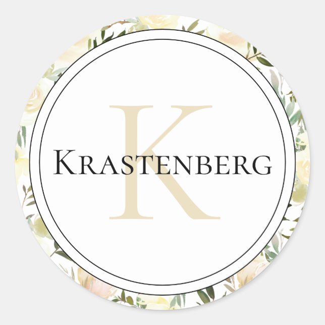 Pegatina Redonda Elegante nombre de monograma de familia Personaliz (Anverso)