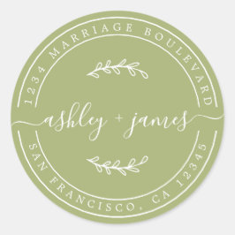 Pegatina Redonda Elegante Nombres Leaf Green Boda Dirección de Reto