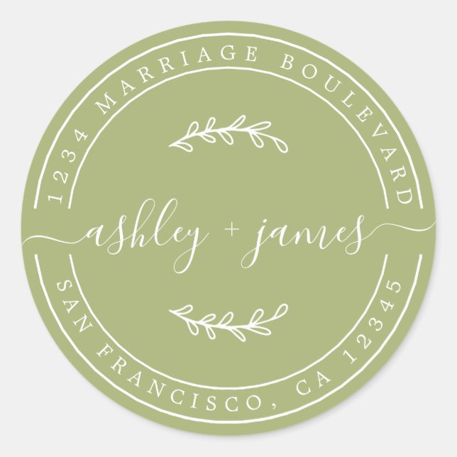 Pegatina Redonda Elegante Nombres Leaf Green Boda Dirección de Reto (Anverso)