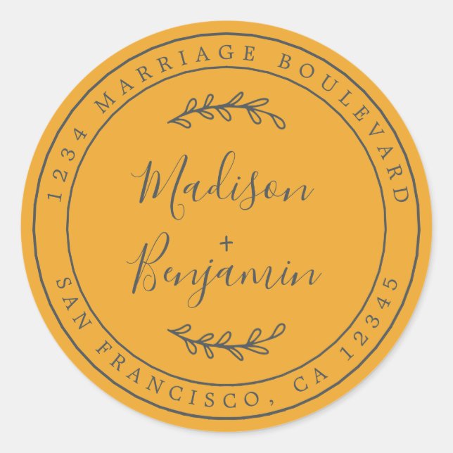 Pegatina Redonda Elegante Nombres Mellow Boda Amarillo Dirección de (Anverso)