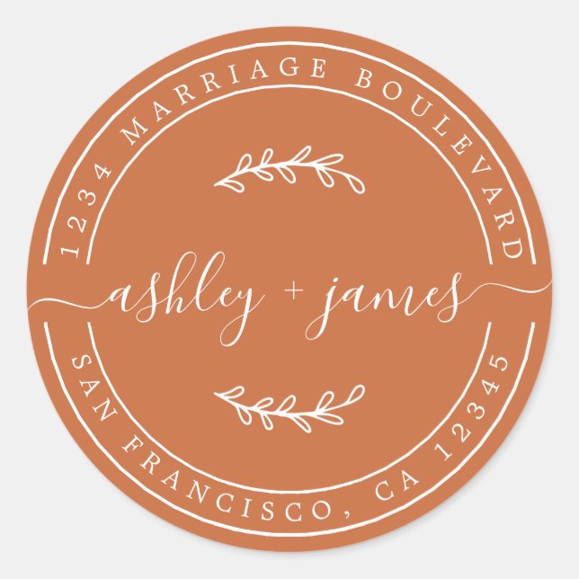 Pegatina Redonda Elegante Nombres Naranja quemado Dirección de devo (Anverso)