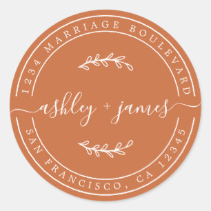 Pegatina Redonda Elegante Nombres Naranja quemado Dirección de devo