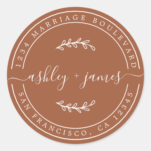 Pegatina Redonda Elegante Nombres TerraCotta Dirección de devolució (Anverso)