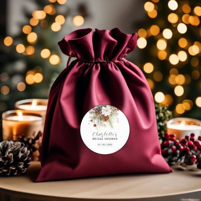 Pegatina Redonda Elegante novia de invierno de hoja perenne y bayas (Winter Evergreen and Rowan Berries Bridal Classic Round Sticker)