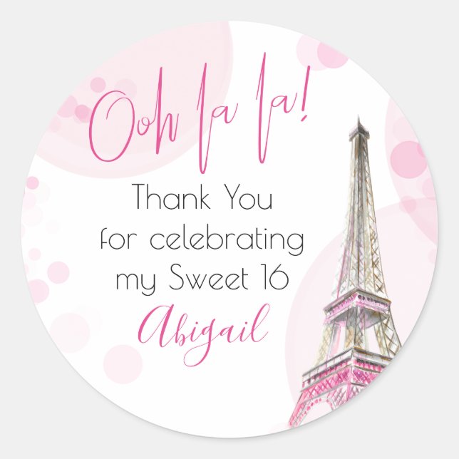 Pegatina Redonda Elegante Ooh la Paris Torre Eiffel Blanco Rosa (Anverso)