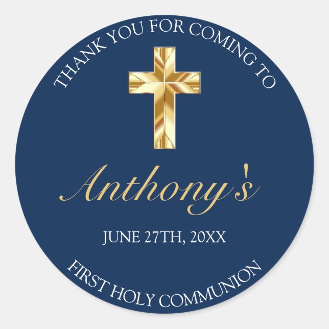 Pegatina Redonda Elegante Oro Azul Primera Santa Comunión Gracias (Anverso)