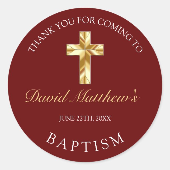 Pegatina Redonda Elegante Oro Borgoña Agradecimiento Bautizo de Beb (Anverso)