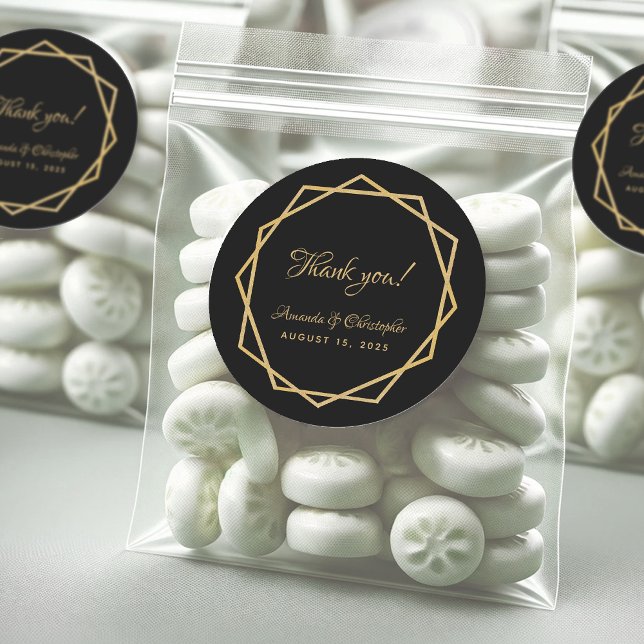 Pegatina Redonda Elegante Oro Negro Geométrico Gracias Boda (Subido por el creador)