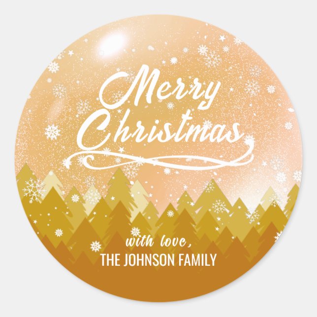Pegatina Redonda Elegante Oro Pacífico Bosque Nevado Feliz Navidad (Anverso)