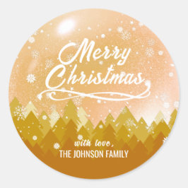 Pegatina Redonda Elegante Oro Pacífico Nevado Bosque Feliz Navidad