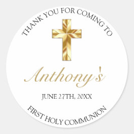 Pegatina Redonda Elegante Oro Primero Santa Comunión Gracias