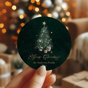 Pegatina Redonda Elegante Oro Verde Feliz Navidad