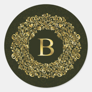 Pegatina Redonda Elegante oro Verde Inicial B Damasco Monograma 