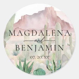 Pegatina Redonda Elegante paisaje del desierto del Boho Cactus Boda