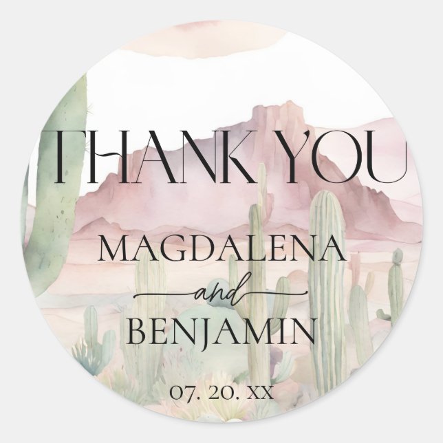Pegatina Redonda Elegante paisaje desértico boho cactus boda (Anverso)
