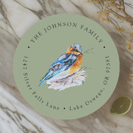 Pegatina Redonda Elegante Pájaro Azul Acuarela Dirección de Devoluc