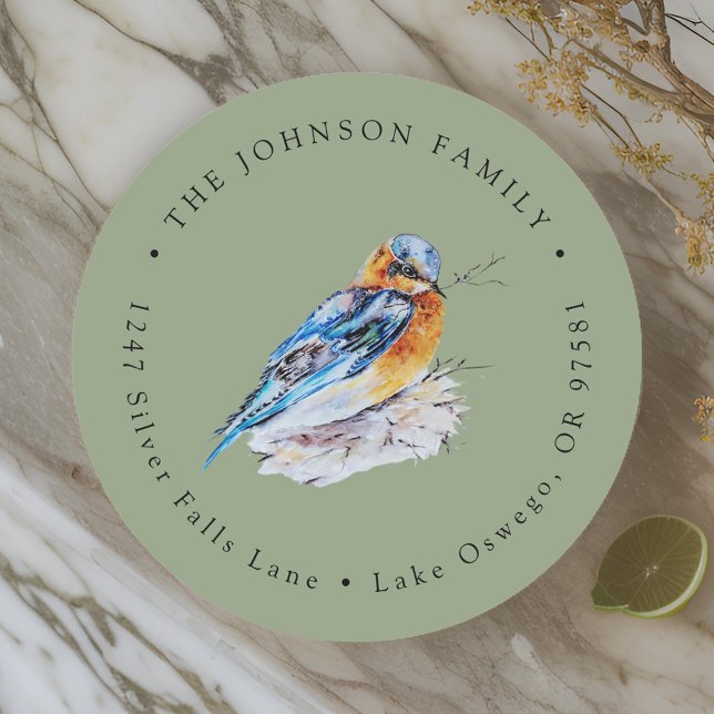 Pegatina Redonda Elegante Pájaro Azul Acuarela Dirección de Devoluc (Subido por el creador)