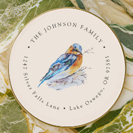 Pegatina Redonda Elegante Pájaro Azul Acuarela Dirección de Devoluc