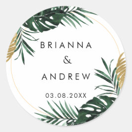 Pegatina Redonda Elegante, Palm Verde, Borde Oro (Imitación)