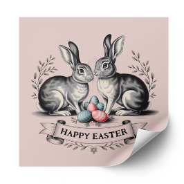 Pegatina Redonda Elegante par de conejitos de Pascua con huevos