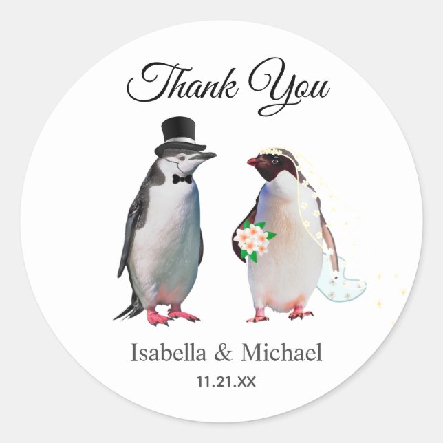 Pegatina Redonda Elegante Pareja Pingüino Gracias Boda (Anverso)