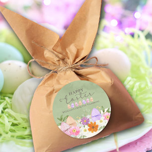 Pegatina Redonda Elegante Pastel Verde Flores salvajes Feliz Pascua