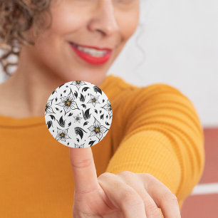 Pegatina Redonda Elegante patrón botánico floral blanco y negro