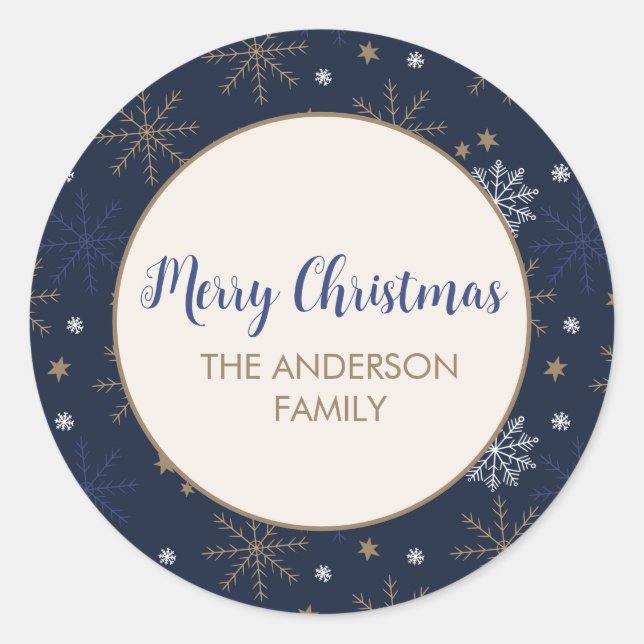Pegatina Redonda Elegante patrón de copo de nieve Azul oscuro (Anverso)