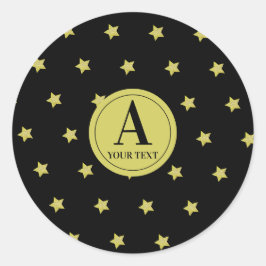 Pegatina Redonda Elegante patrón de estrella monograma en oro y neg