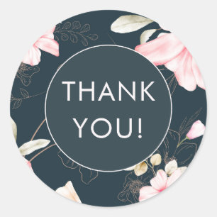 Pegatina Redonda Elegante Patrón Floral Azul Rubor Gracias