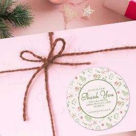 Pegatina Redonda Elegante Patrón Floral Verde Rosa Gracias