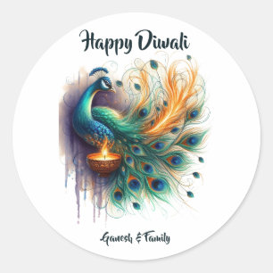 Pegatina Redonda Elegante Peacock acuarela Diwali