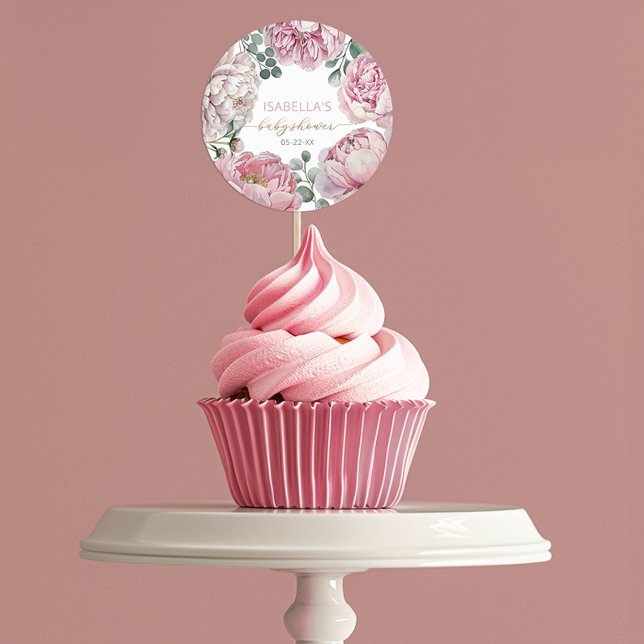 Pegatina Redonda Elegante Peonia Rosa y Chica de Verdor Baby Shower (Sticker favor for many uses)