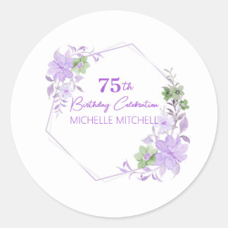 Pegatina Redonda Elegante Personalizado 75º cumpleaños Lavender Flo